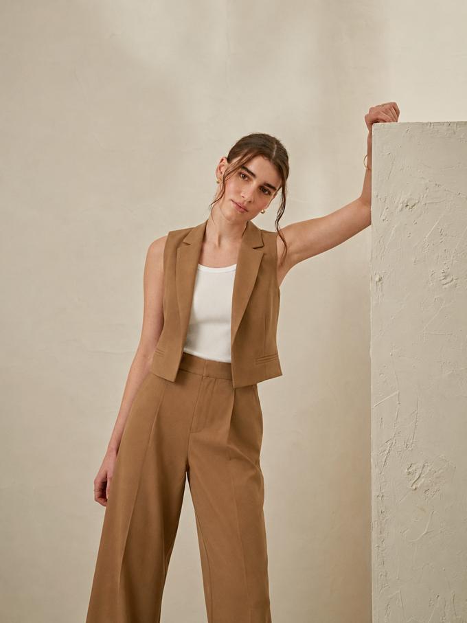 AI fashion visual: Camel vest set · studio