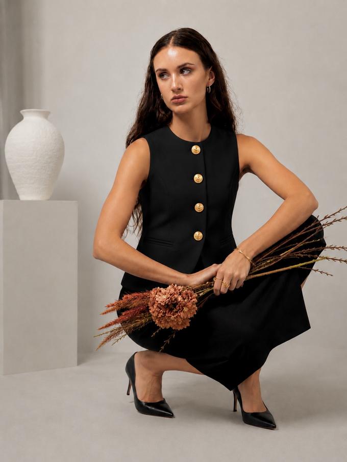 AI fashion visual: Gold-button vest · editorial